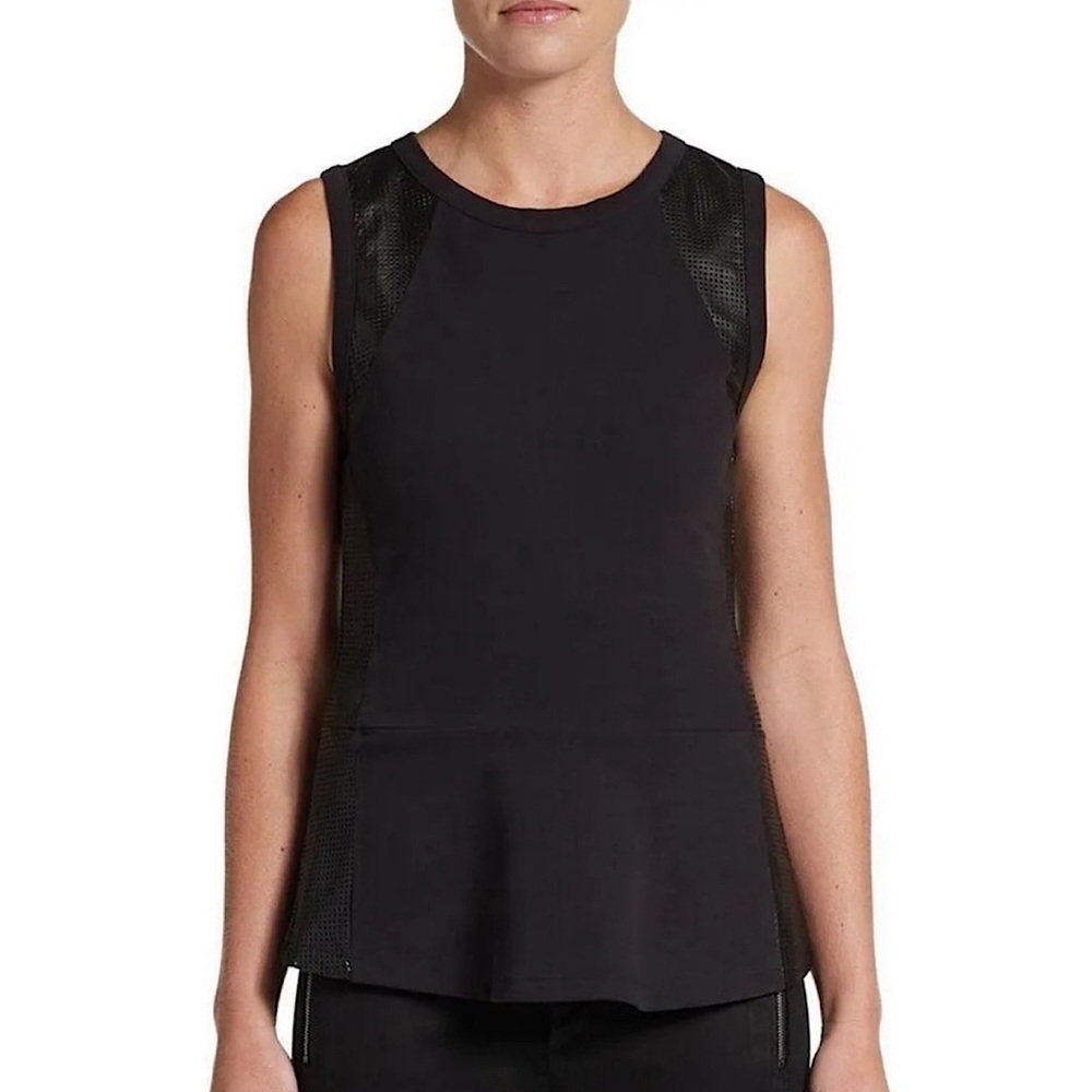Aiko Sleeveless Leather Silk Peplum‎ Top, Black - Size XS